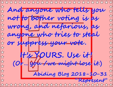 And anyone who tells you not to bother voting is as wrong, and nefarious, as anyone who tries to steal or suppress your vote. It's YOURS. Use it! (Or...you/we might lose it.) #PracticeDemocracy #YourVoteIsVital #AbidingBlog2018Represent